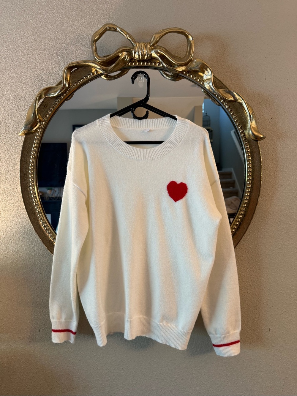 White Knit Sweater with Red Heart Detail